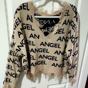 Just Polly XL Distressed ANGEL Graphic Sweater Beige Black Acrylic Grunge Knit